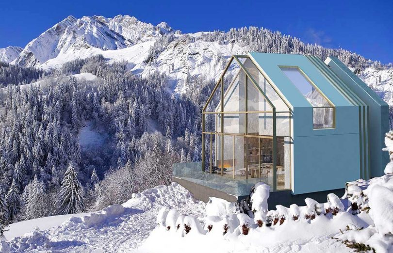 vista oblicua lateral del chalet suizo moderno con fondo nevado