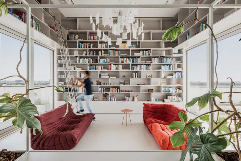 sala de estar moderna con dos sofás y paredes de estanterías