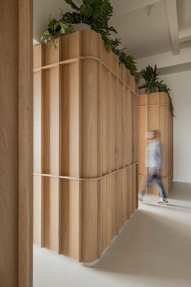 una vista desde el pasillo de una persona que camina entre dos estructuras de madera dentro del apartamento